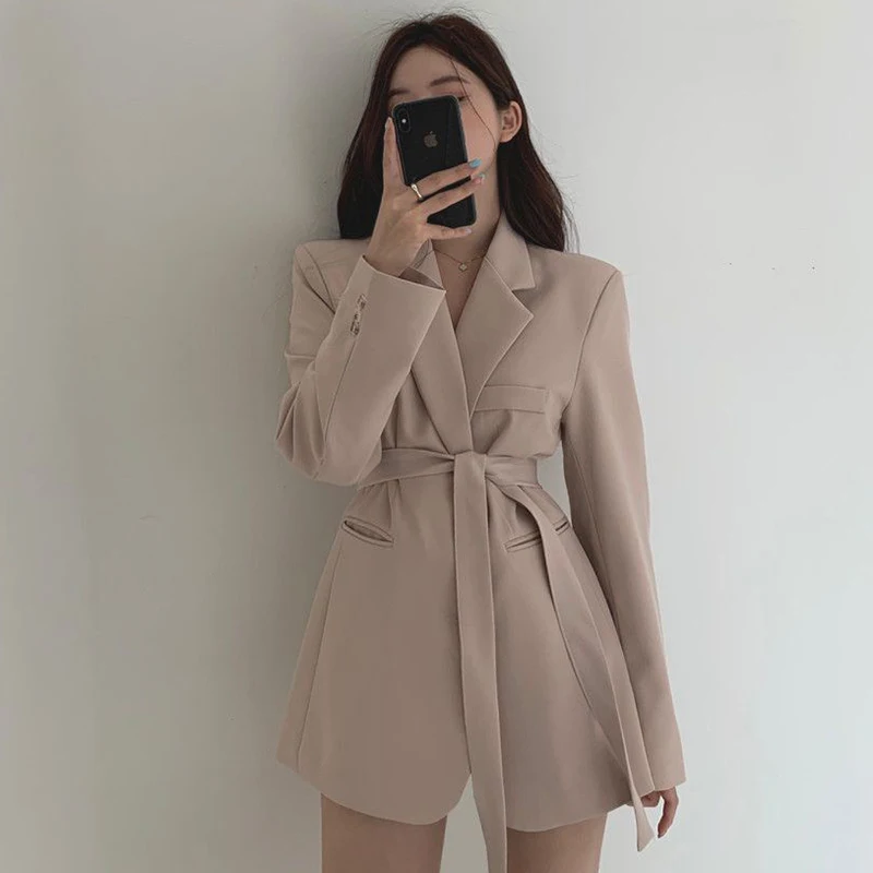 

Women's Trendy Blazers Solid Notched Collar Sash Slim Waist Mid-long Blazer Loose Minimalist Office Lady Suit Autumn Spring