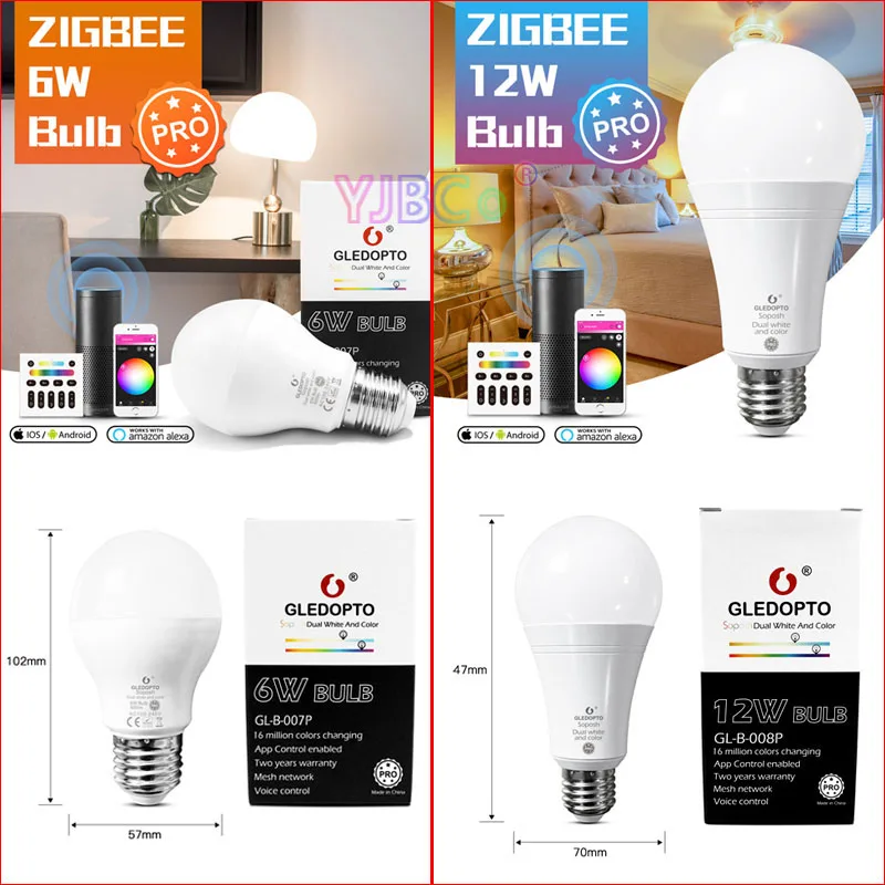 Gledopto ZigBee 3.0 Pro RGB+CCT 6W/12W E27 E26 LED Light Bulb Work with Echo Plus Alexa SmartThings APP/Voice/2.4G RF Control