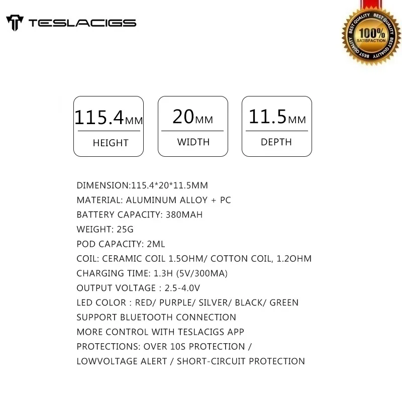 Оригинальный TESLACIGS Tesla GG Pod Комплект 380 мАч батарея с 2 мл Bluetooth управление