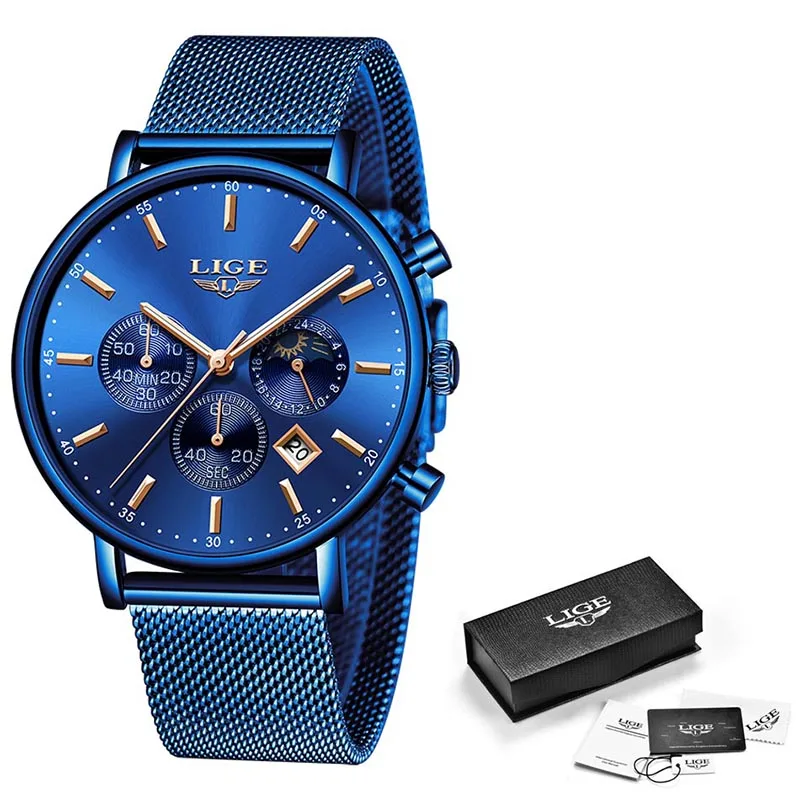 LIGE New Mens Watches Top Brand Luxury Fashion Blue Strap Quartz Watch Men Moon Phase Clock Calendar Waterproof Chronograph+Box | Наручные