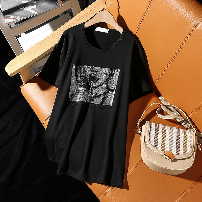 

Summer 2022 Europe Style new Fashion Loose short-sleeve T-shirt for women Hip hop personality Hot diamonds female black tops