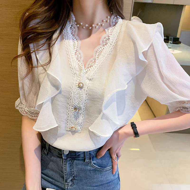 

Korean Versatile Lace Stitching Camisa Feminina V-neck Ruffle Chiffon Blusa Feminina Blouses For Women Fashion Noveltie Tops