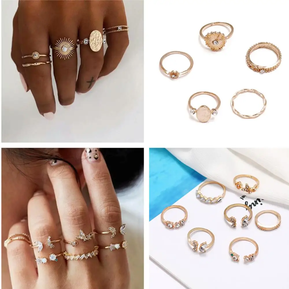 

Boho Vintage Star Midi Moon Rings Set For Women Opal Crystal Midi Finger Ring Female Bohemian Jewelry Gifts