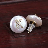 cz tiny 26 initial alphabet letter name charms natural flat freshwater pearl bead charm button unisex stud earring for weddiing