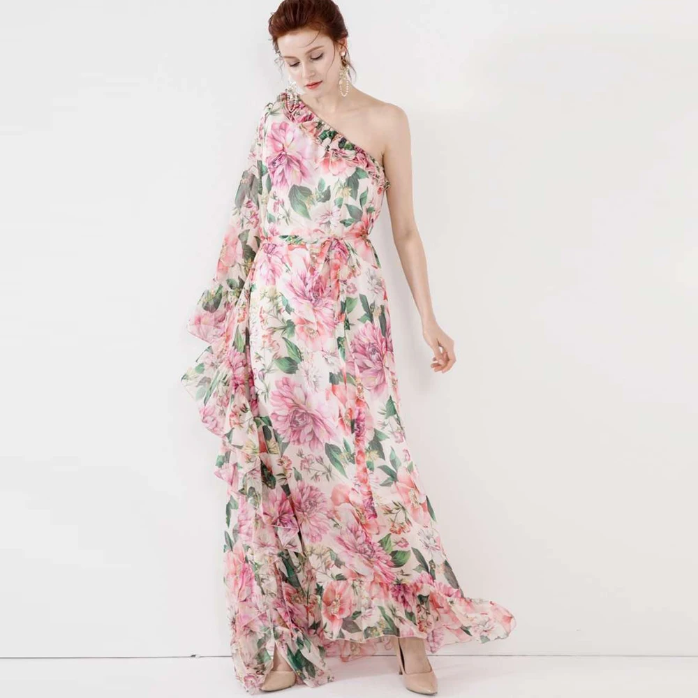 Дизайнерские 2020 летнее сексуальное платье с одним плечом Цветочный принт