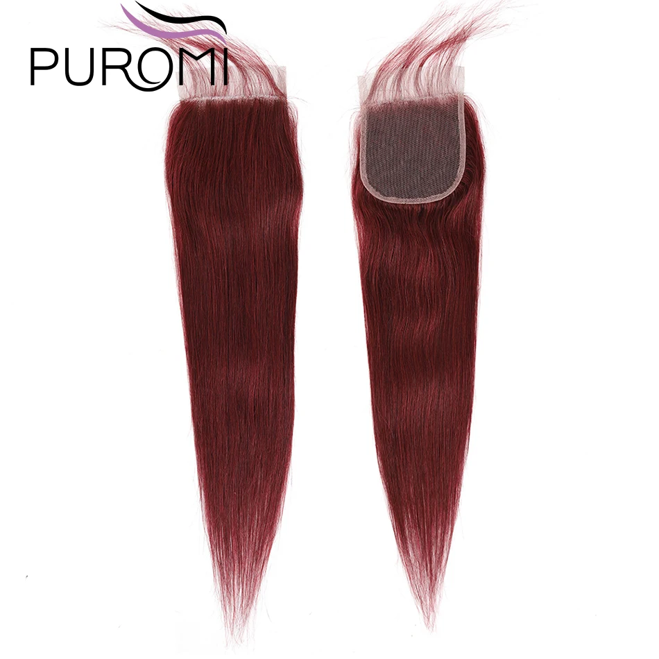 99J/бордовый Цветной натуральные кудрявые пучки волос с закрытием кружева 4x4