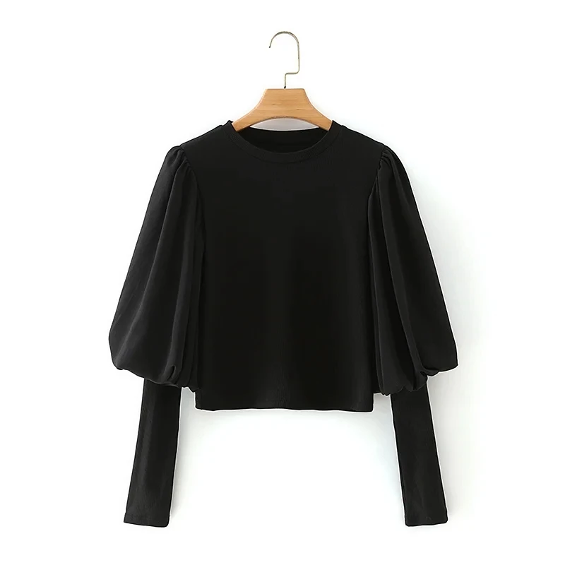 

Women Lantern Sleeve Splicing Knitting T Shirt Casual Femme O-Neck Black Short Tops T1379