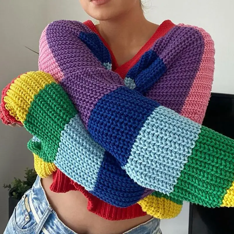 

Spring/Autumn New Features Rainbow Stitching Knit Cardigan Short Contrast V-neck Bubble Long Sleeve Navel Button Loose Lady Coat