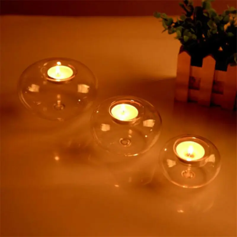 

New Round Light Hollow Bauble Ball Clear Glass Tea Candle Holders Candlestick Dining Home Garden Decor Wedding Tealight Supplies