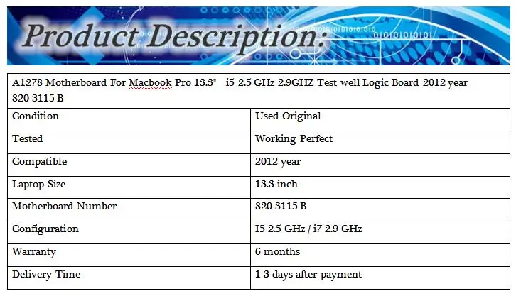 A1278 материнская плата для Macbook Pro 13," i5 2,5 GHz 2,9 GHZ test well логическая плата 2012 год 820-3115-B