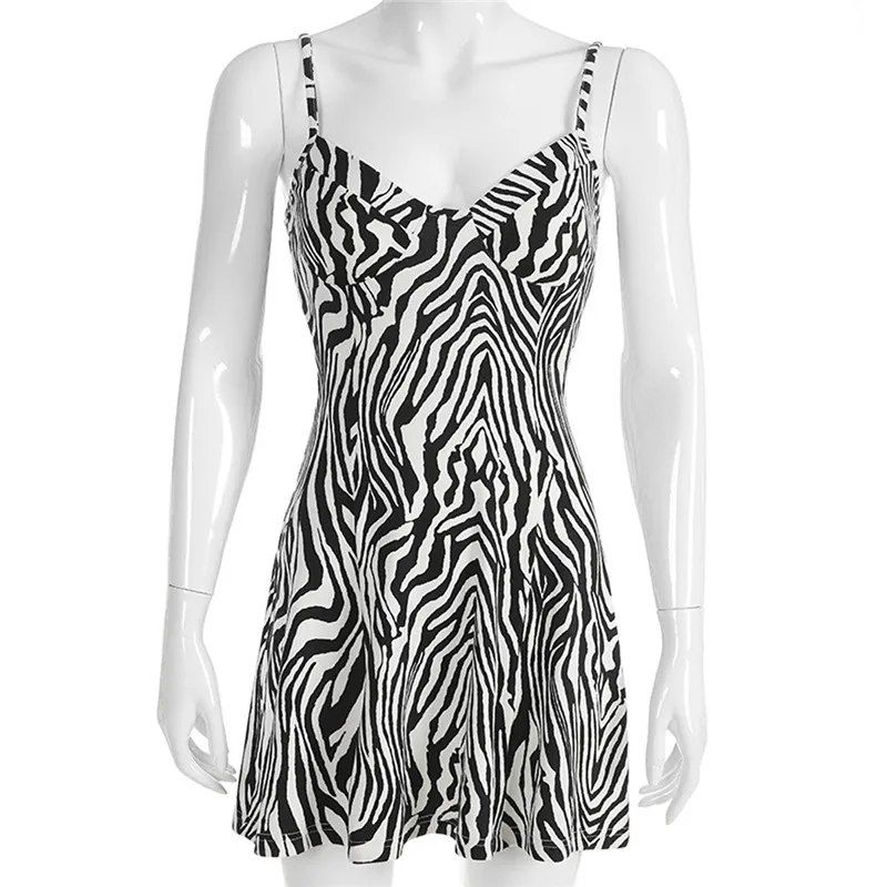 

Zebra Striped V-Neck Sleeveless Dress Summer Boho Beach Sexy Dress Women Home Casual Dress