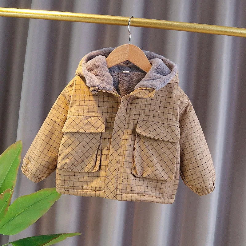 

Модная детская одежда, новинка 2021, плюшевая утепленная клетчатая толстовка, пальто, одежда для маленьких мальчиков, зимняя куртка, Модный ко...
