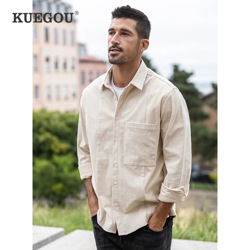 

KUEGOU 2022 Spring Solid Black Casual Buttons Khaki Shirt Men For Male Fashion Collar Button Slim Long Sleeve Clothing 20561