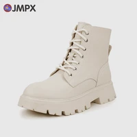 jmpx genuine leather ankle boots women big size 42 lace up low heel fashion martin boots ins platform winter boots office lady
