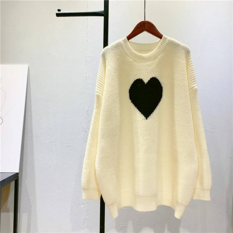 

Spring and autumn women's casual solid color heart-shaped pattern round neck long sleeve loose sweater