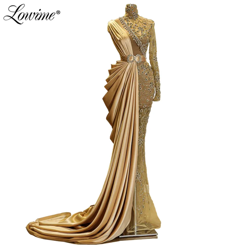 Lowime Luxury Dubai Crystals See Through Evening Dresses Long Party Gowns Crystals Celebrity Dress Arabic Mermaid Prom Dress