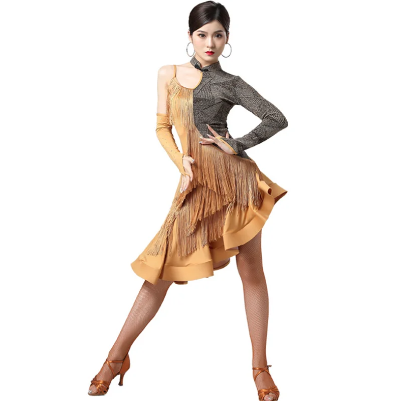 

Sexy Fashionable Latin Costumes Women Latin Dance Stage Performance Clothing Contrast Color Long Sleeve Sequins Tassel Dress