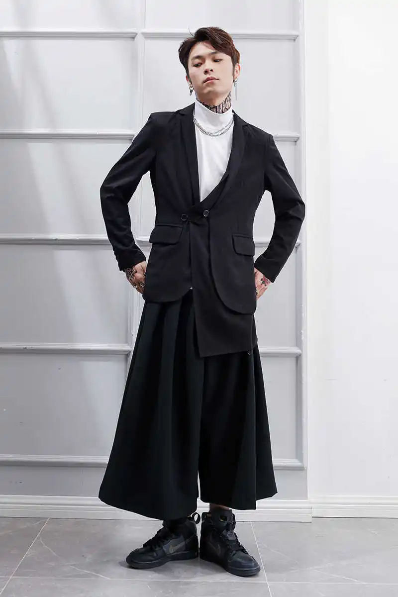 

Japanese Streetwear Men Wide Leg Pants Yamamoto Nine-point Hakama Pants, High Waist, Thin, Irregular Loose Dancing Clothing