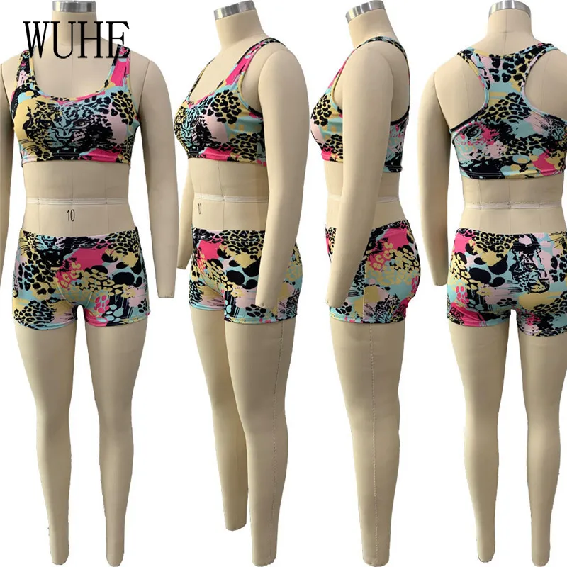 

WUHE Animal Pattern Print Party Outfits Sleeveless V Neck Off Shoulder Top Skinny Short Pants Vintage Nightclub 2 Piece Suits