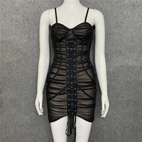 2021 new sexy black sleeveless v neck fashionable spaghetti straps lace mesh bandage dress club party dress vestidos
