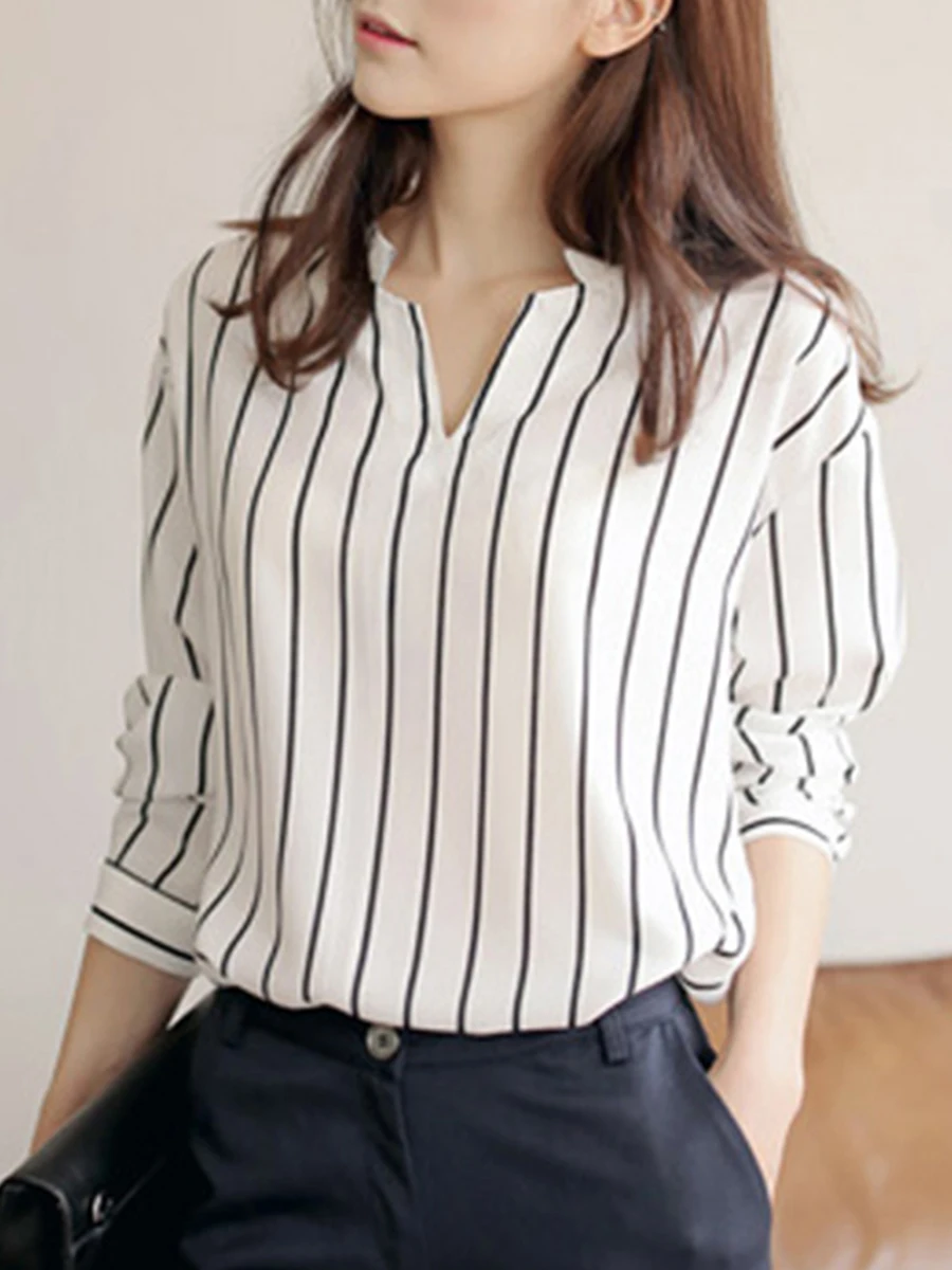 Повседневная рубашка с v образным вырезом и длинным рукавом Офисная Женская