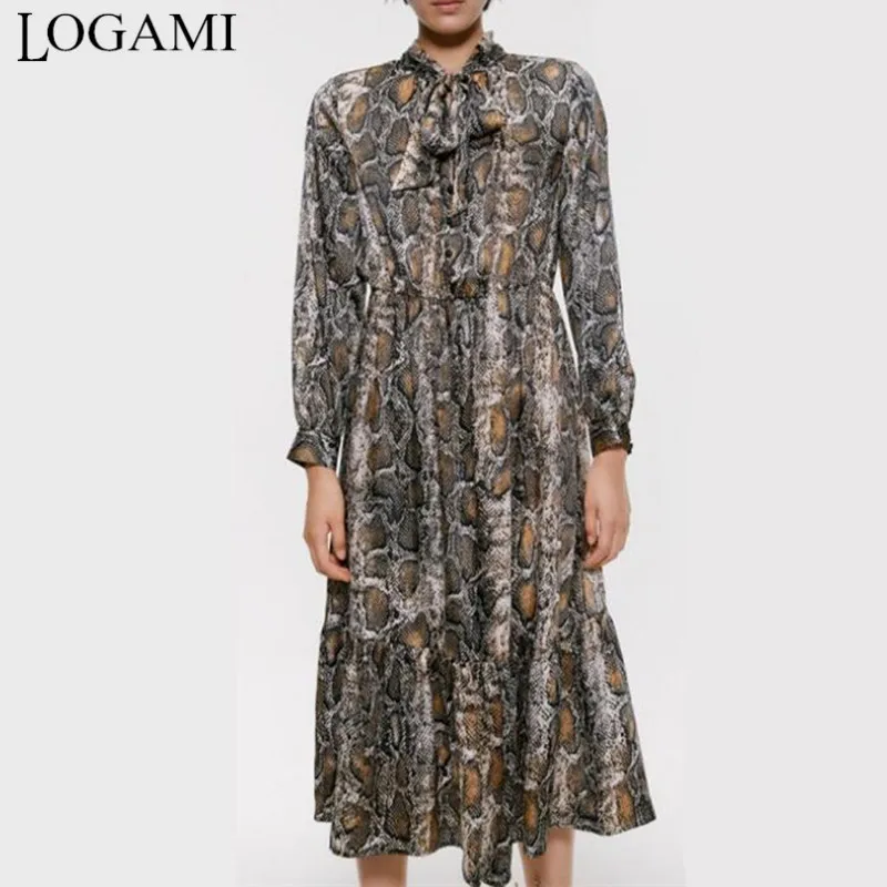 

LOGAMI Bow Collar Snake Print Dress Long Sleeve Loose Shirt Dresses Stretch Waist Long Pleated Dress Spring Autumn