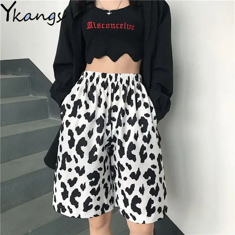 

Cow Pattern Printed Loose Female High-waist Shorts Korean Women's Breathable Five-point Pants 2021 Summer Outdoor Sports Pants