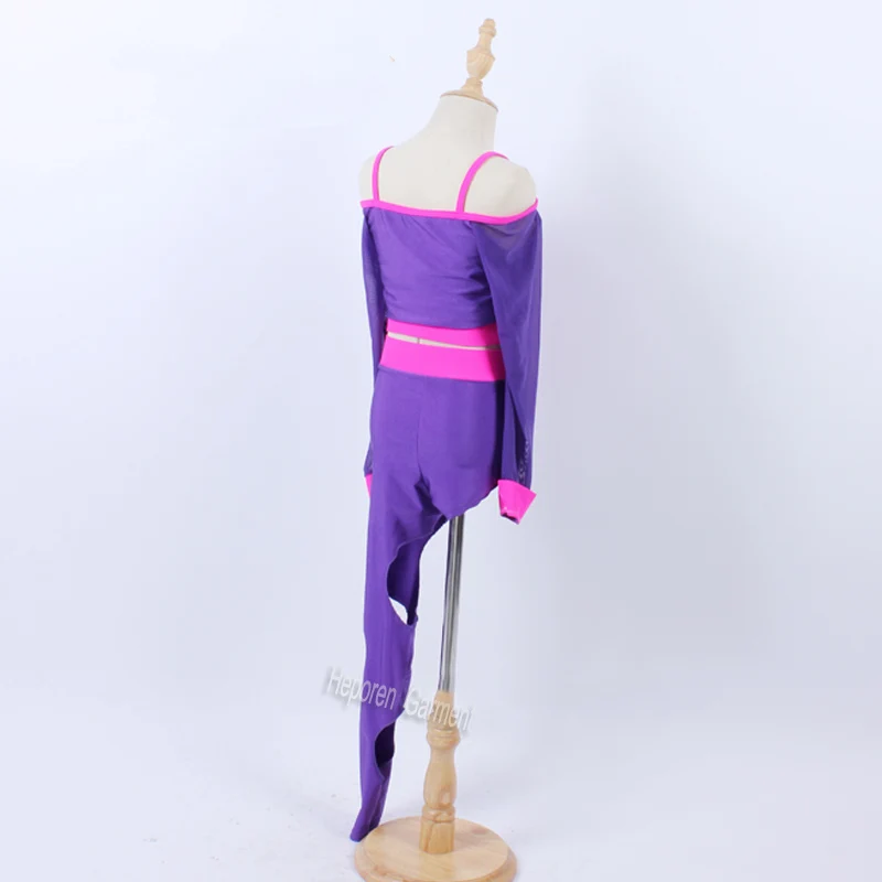 Новый комбинезон полного рукава с подтяжками для девочек с персонализацией фиолетового цвета с вырезами под джазовый танец, костюм для выступления на сцене.