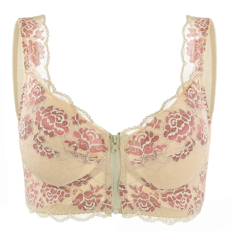 

34- 44 C Womens Front Zipper Bra Vest Embroidery Lace Bra Full Cup Wire Free Lingerie Comfort Tops Bra Bralette Removable Padded