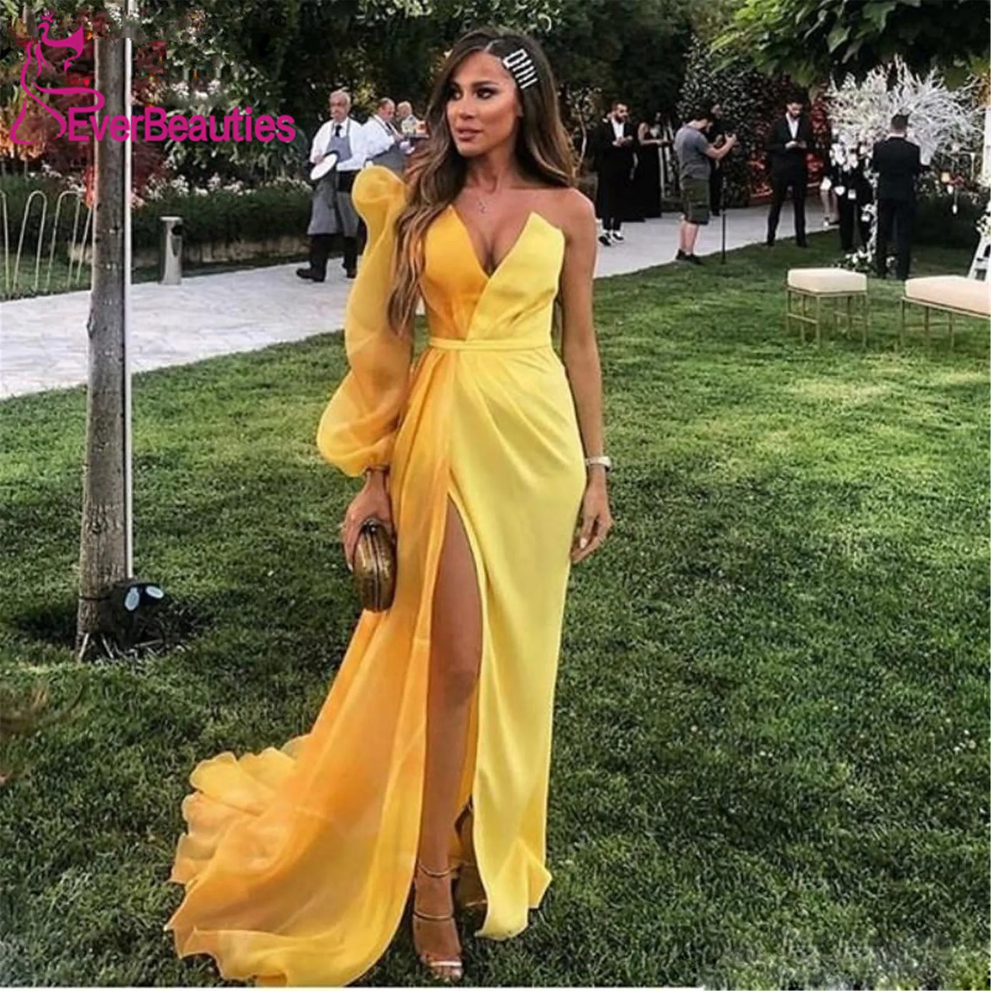 Yellow Long Sleeves Evening Dresses 2020 Vestido De Festa Slit One Shoulder Sexy Prom Gowns Custom Made Abiye | Свадьбы и торжества