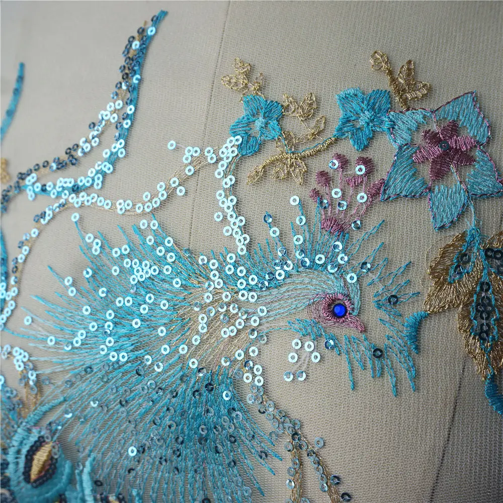 Голубое кружево с блестками Феникс павлин Аппликации мечтательная вышитая ткань