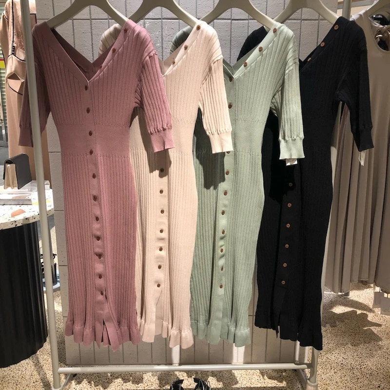

V Neck Single Breast Design Skinny Sweater Dress Women High Waist Hip Solid Temperament Vestidos Pullover Long Sleeve Long Robe