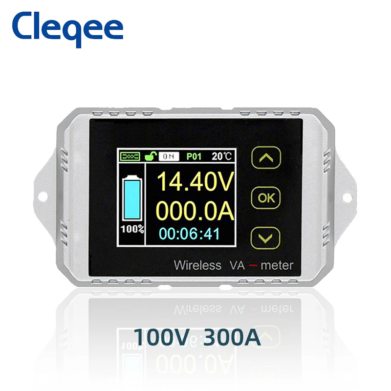 Cleqee 100V 300A Wireless Ammeter Voltmeter Battery Capacity Monitoring Coulomb Counter 12V 24V 48V Color Screen Meter VAT1300