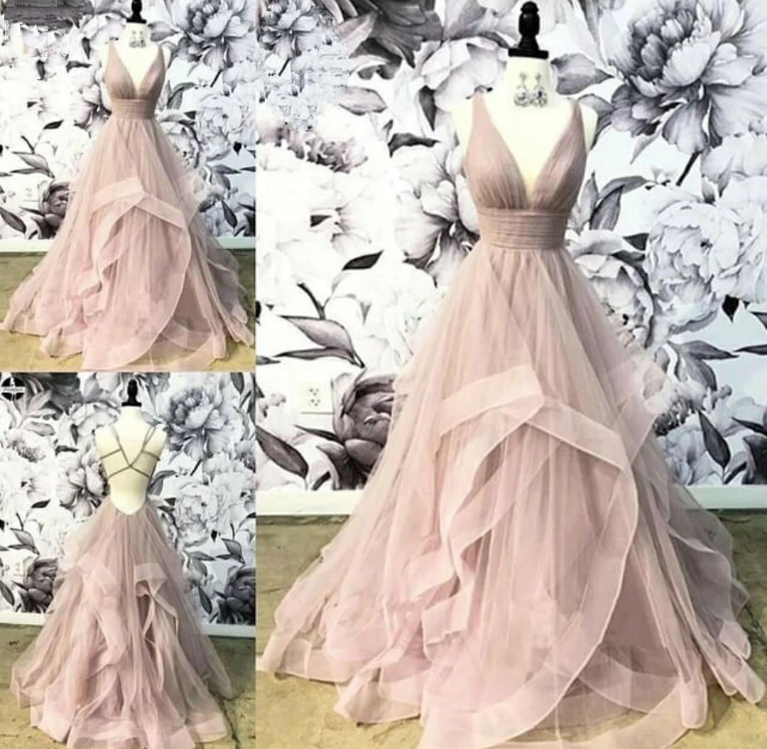 

A-Line Dusty Rose V-Neck Long Tulle Prom Dresses Sexy Criss Cross Back Robe De Soiree Floor Length Ruched Formal Party Gown