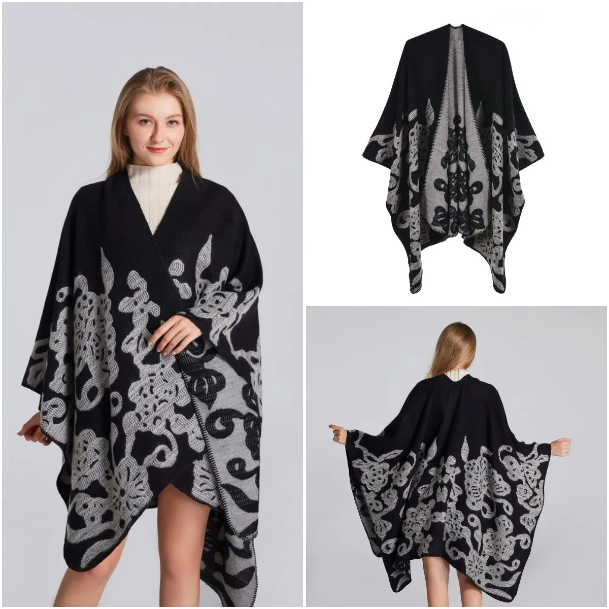 

JTVOVO 2021New 130*150CM Autumn And Winter Imitation Cashmere Warm Shawl Women's Split Thick Blanket Pareo Poncho Cape For Women