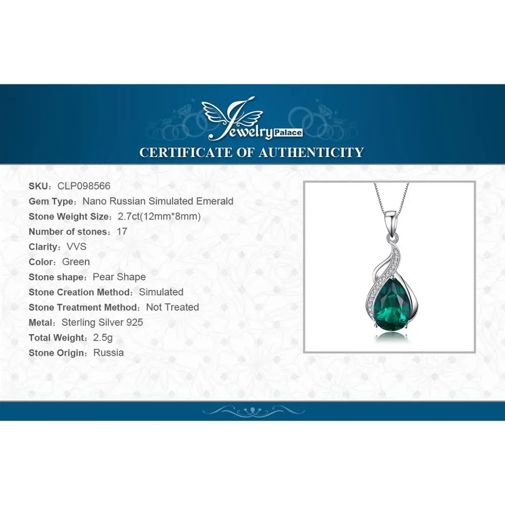 Jpalace Simulated Nano Emerald Pendant Necklace 925 Sterling Silver Gemstones Choker Statement Women No Chain | Украшения и