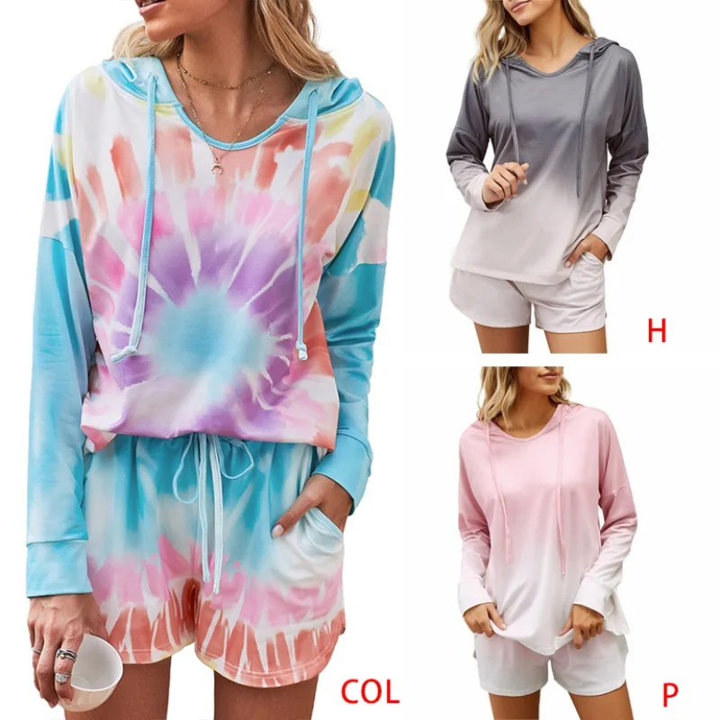 

Summer Casual Pajama Sets Women Gradient Color Hooded Sleepwear Long-sleeve Tops Loose Shorts Round Neck Sleep Wear