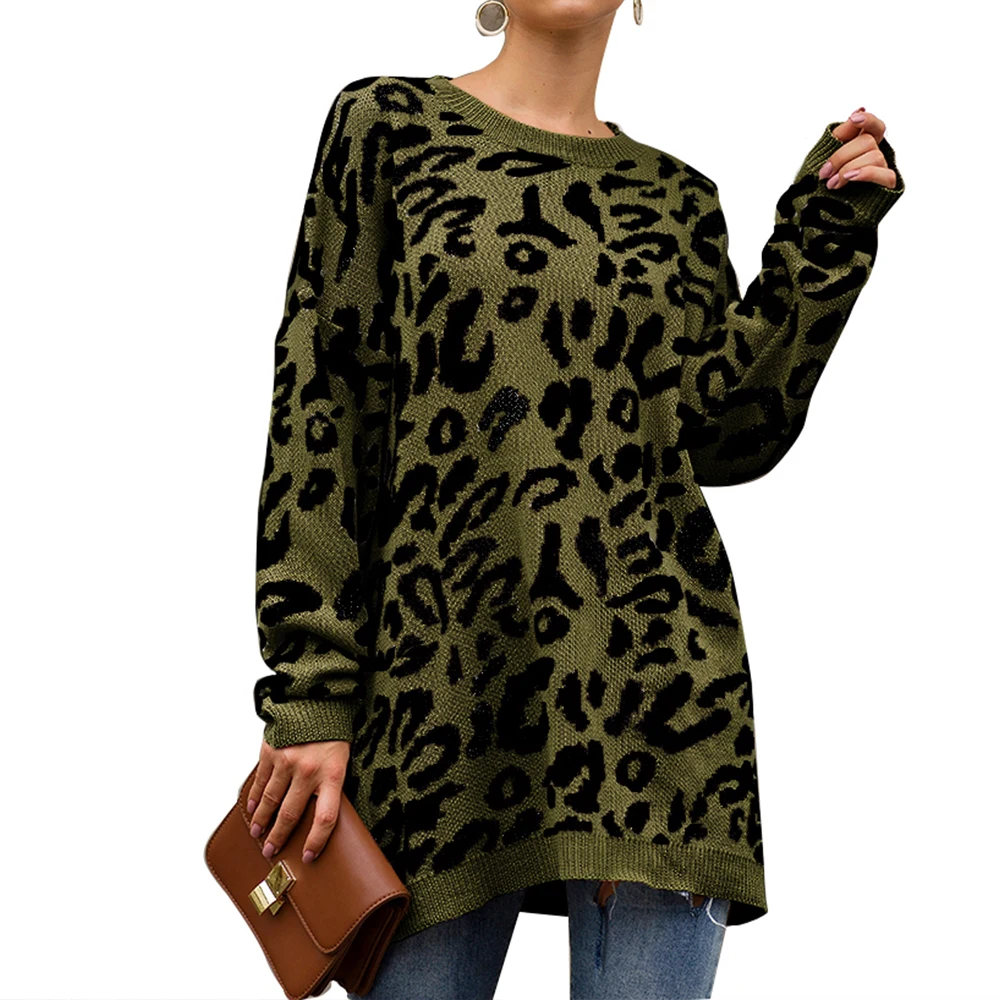 Модные осенние леопардовые пуловеры вязаные женские зимние свитера теплый