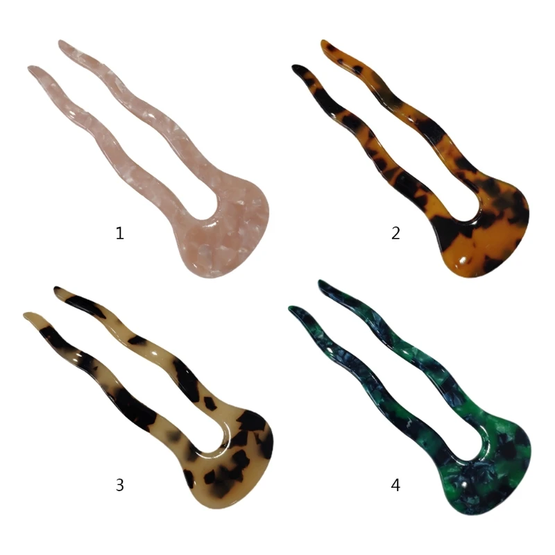 

Korean Style U-Shaped Hair Stick Fork Clips Wavy 2 Prongs Leopard Marble Print Hairpin Vintage Celluloid Acetate Large Updo M7DD