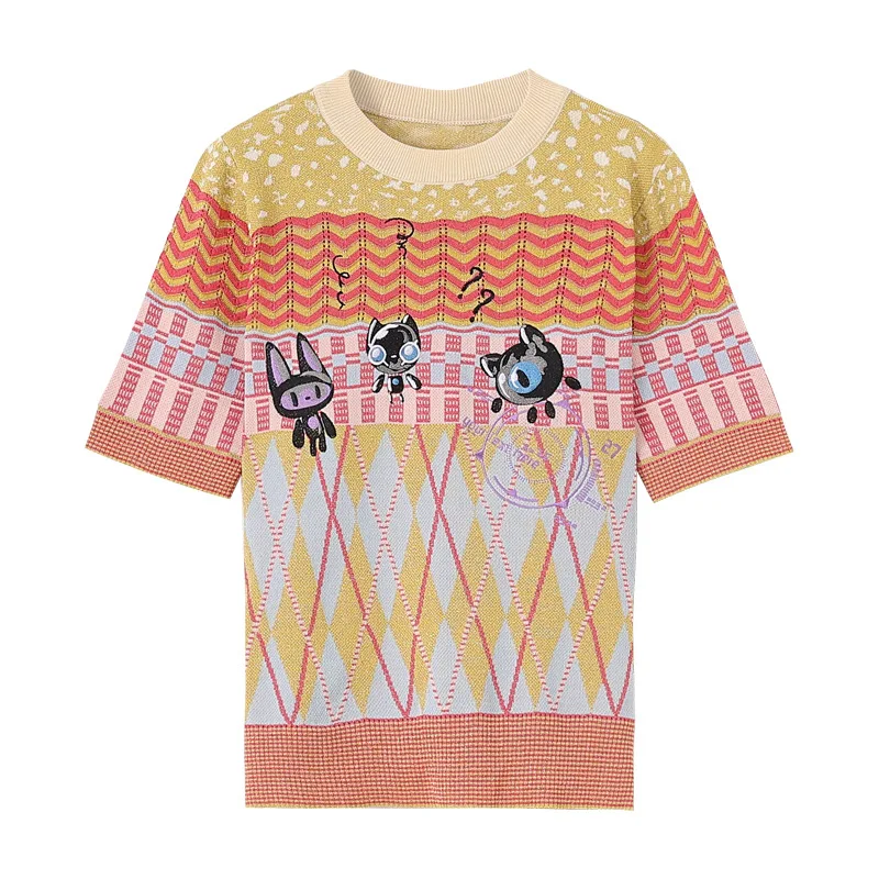 

2021 Summer New Thin Corrugated Contrast Color Knitted Pullover Short Sleeve round Neck Cartoon Embroidered Pattern Top Women's