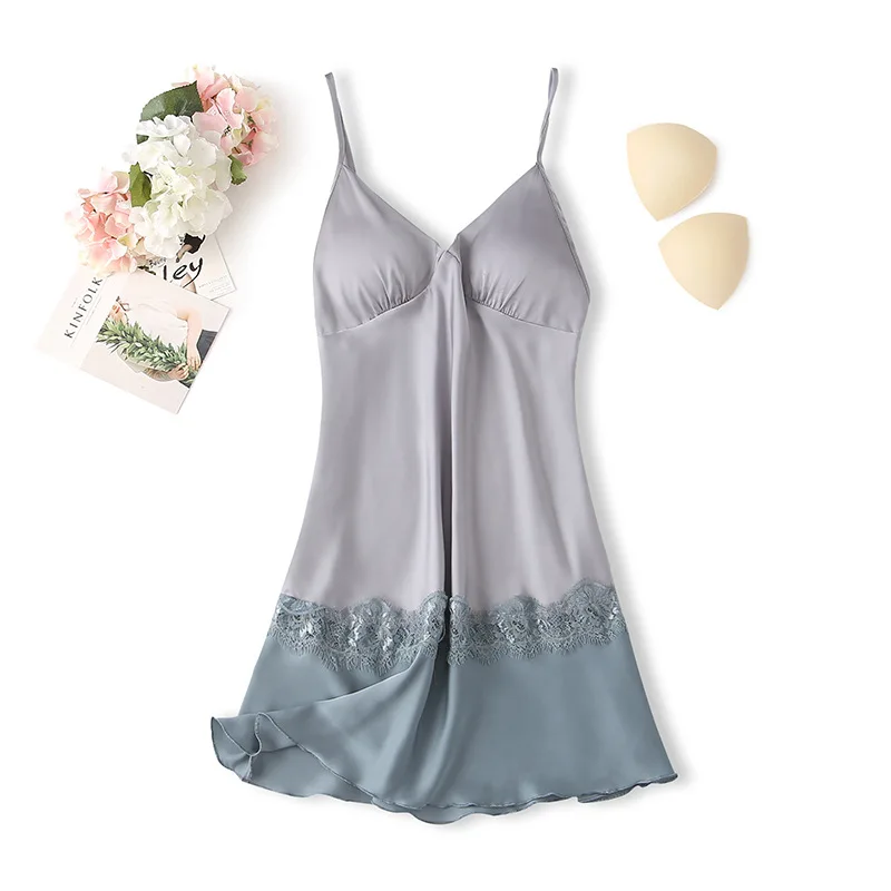 

Sexy Women Satin Spaghetti Strap Nightgown Patchwork Sleepwear Nightdress Faux Silk Home Dressing Gown With Pads Lingerie