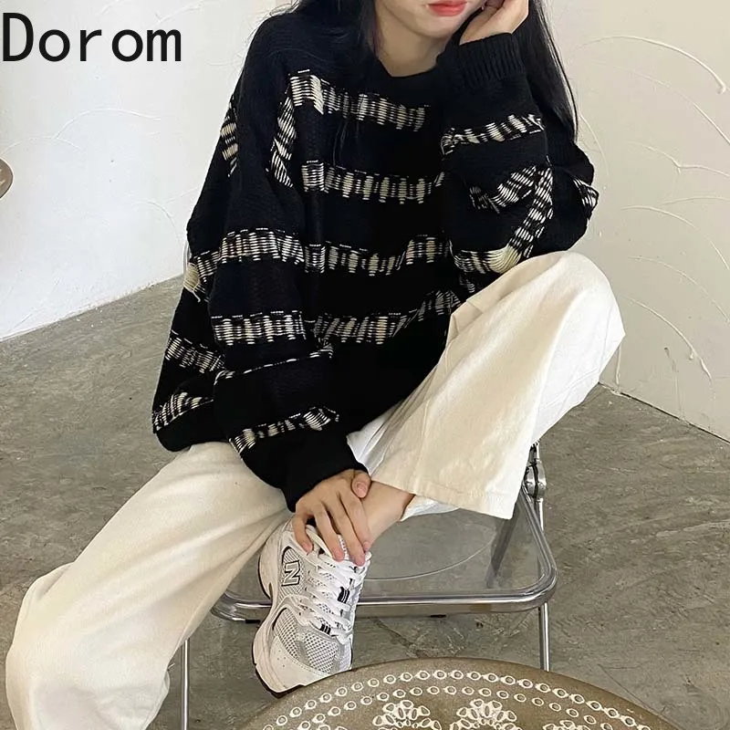Punk Gothic Striped Knitted Sweater Women Hollow Out Grandpa Sweater Autumn Winter Casual Oversized Pullover Loose Warm Jumpers