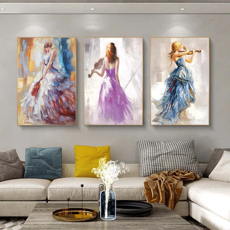 

Nordic Girl Playing The Violin Dance Oil Painting on Canvas Print Posters Wall Art Picture for Living Room Home Decor Frameless