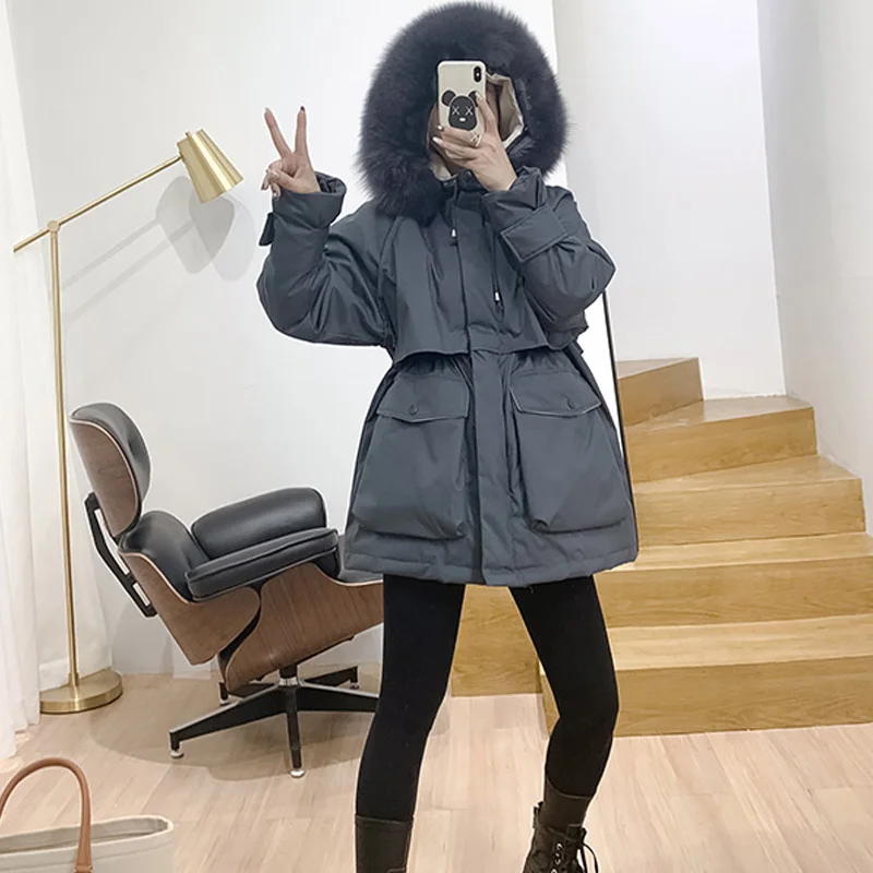 Женский пуховик с воротником из натурального Лисьего меха свободная парка