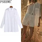 PSEEWE белая Длинная женская рубашка с вышивкой рубашка оверсайз женская летняя блузка с длинным рукавом 2021 Женская винтажная рубашка