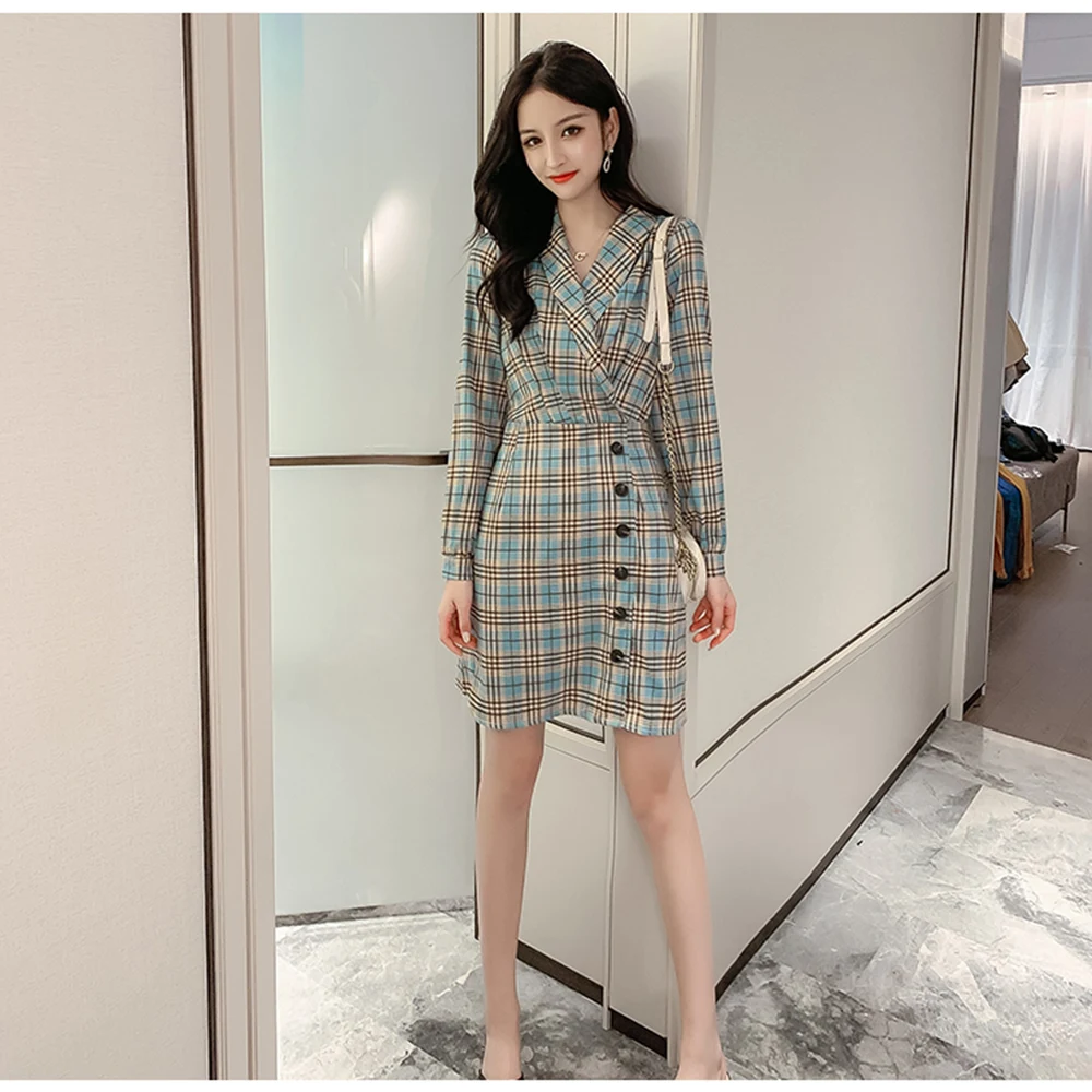 Новинка 2020 весеннее розовое платье средней длины в клетку японском стиле для