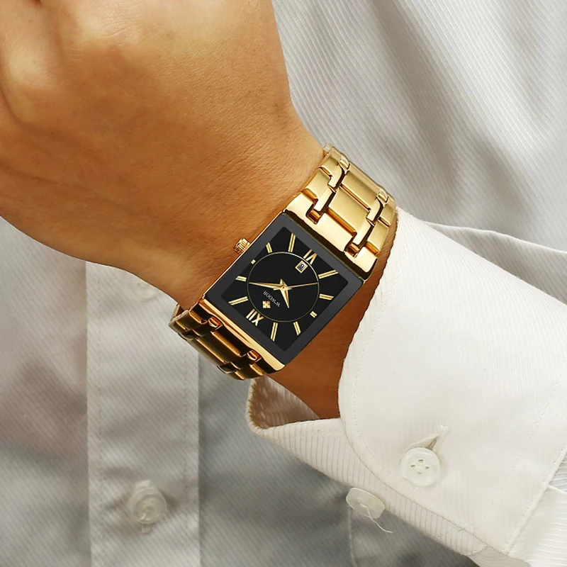 Фото Мужские часы от ведущего бренда роскошные золотые черные квадратные кварцевые