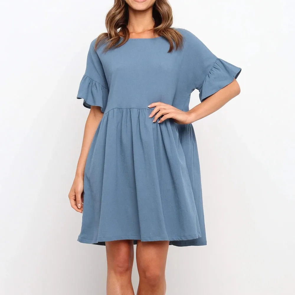 

Western Style Women's Dress 2021 Spring Summer Fashion Loose Casual Oversize Pleated Pocket Round Neck Flared Sleeves