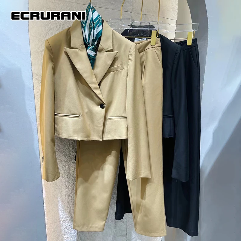 

ECRURANI Casual Womens Trousers Suits Notched Long Sleeve Blazers High Waist Wide Leg Pants Loose Sets Females 2021 New Clothing