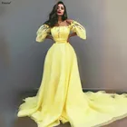 Элегантные желтые платья на выпускной 2021 сексуальное платье с открытыми плечами с буффами на рукавах с цветами Вечеринка платье трапециевидной формы фатиновое платье Vestidos De Gala